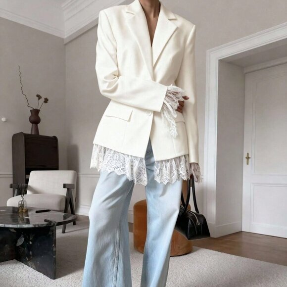 Jackets & Blazers - Apricot Elegant Women's Lace Patchwork Blazer Jacket